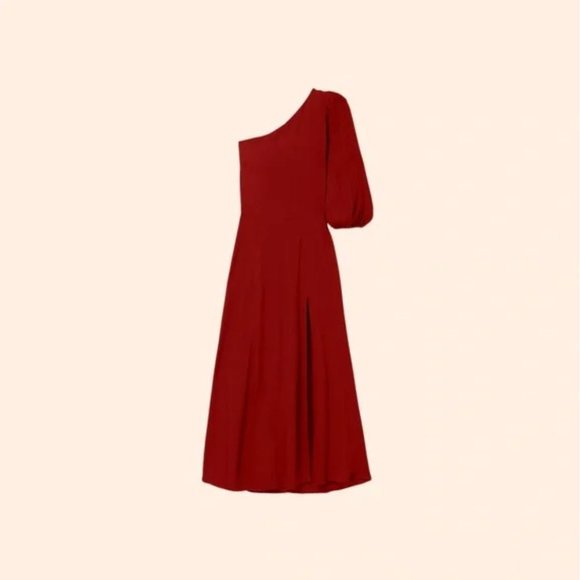 NWT Reformation Lawrence One Shoulder Crimson Red Puff Sleeve Midi Dress Size 8 - Picture 4 of 9